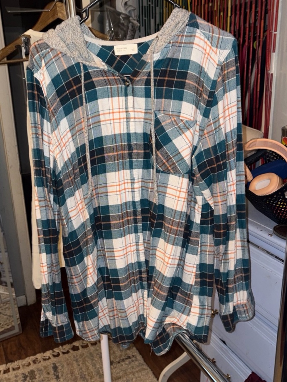 y2k Plaid Hooded Flannel Shirt - Teal & Cream -